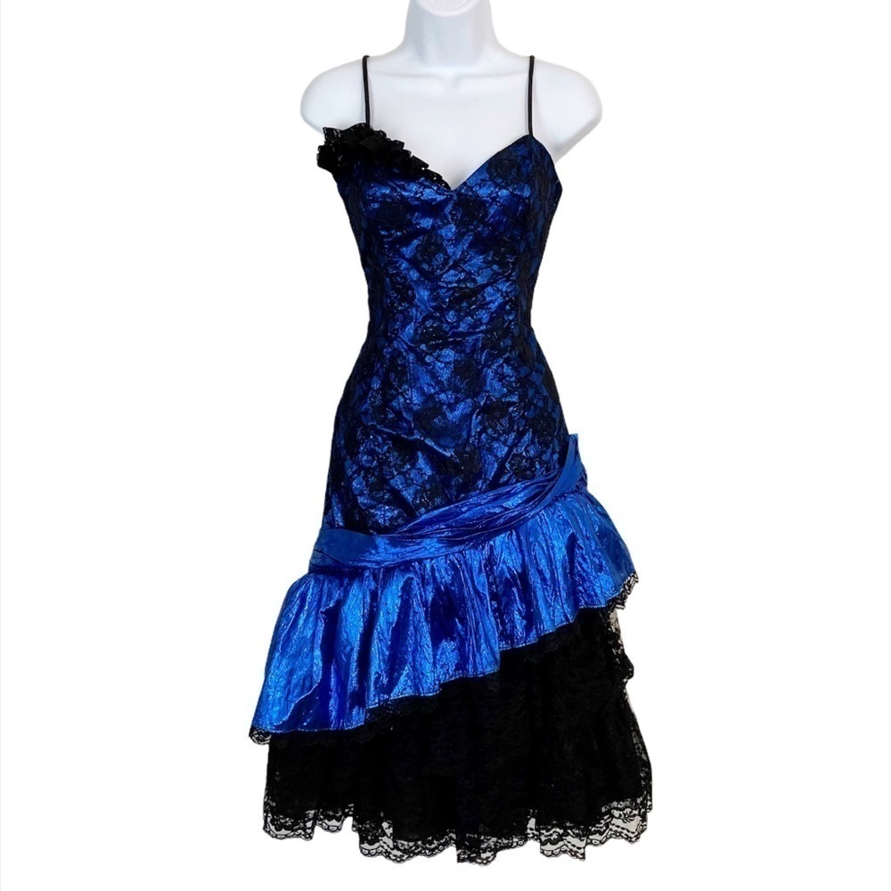 VINTAGE LORALIE 80s Lame + Tulle + Lace Prom Dress - Picture 2 of 10